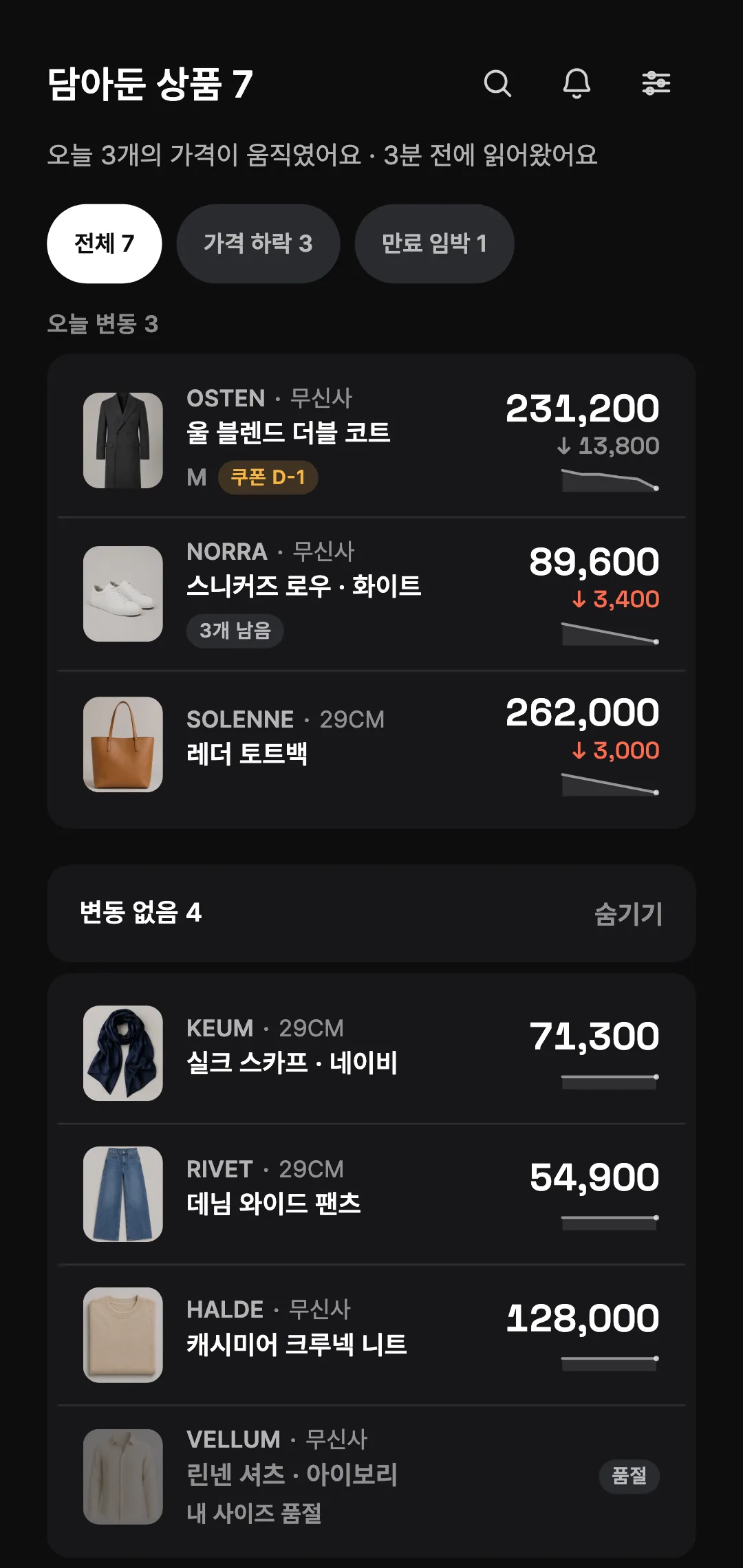 무신사와 29CM 장바구니 상품이 내 실구매가와 함께 모인 FACET 화면